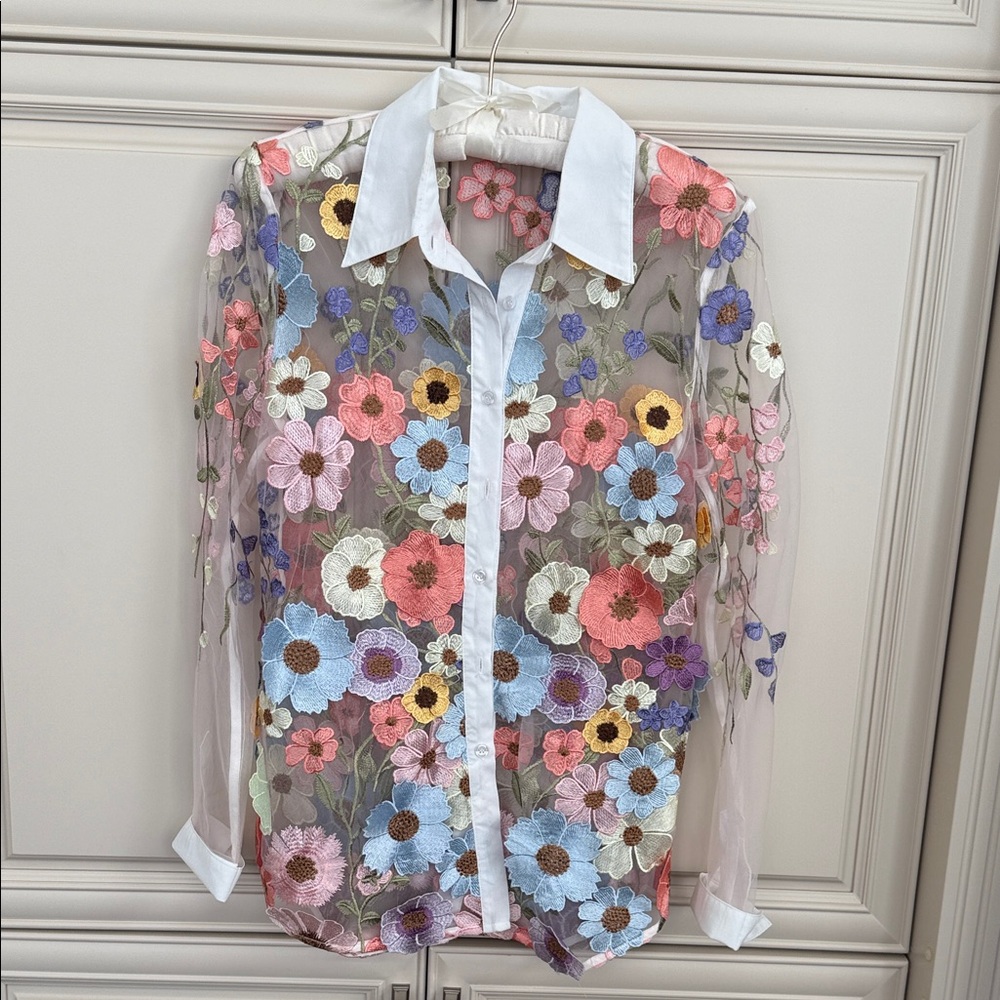 Floral Embroidered Sheer Blouse